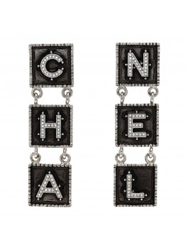 Metal Crystal Cha-Nel Logo Drop Earrings Silver