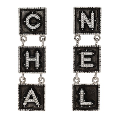 Metal Crystal Cha-Nel Logo Drop Earrings Silver