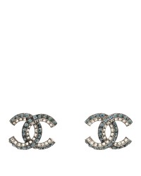 Metal Baguette Crystal CC Earrings Silver Blue