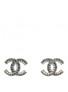 Metal Baguette Crystal CC Earrings Silver Blue
