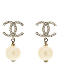 Crystal Pearl CC Drop Earrings Silver