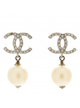 Crystal Pearl CC Drop Earrings Silver