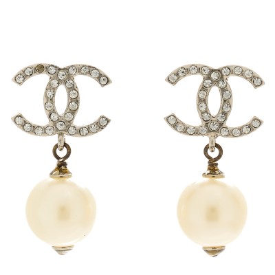 Crystal Pearl CC Drop Earrings Silver
