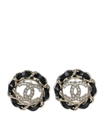 Crystal Lambskin Chain CC Stud Earrings Black Gold