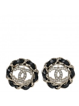 Crystal Lambskin Chain CC Stud Earrings Black Gold