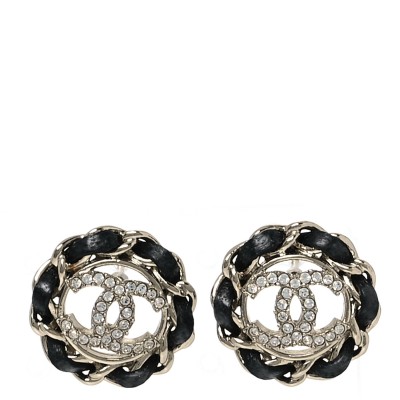 Crystal Lambskin Chain CC Stud Earrings Black Gold