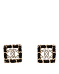 Crystal Lambskin Chain Sergeant Chanel Stud Earrings Black Gold