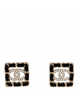 Crystal Lambskin Chain Sergeant Chanel Stud Earrings Black Gold