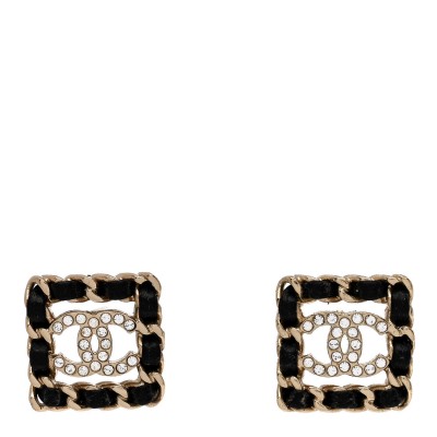 Crystal Lambskin Chain Sergeant Chanel Stud Earrings Black Gold