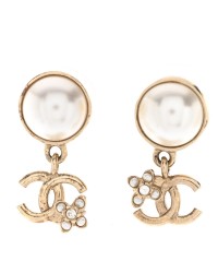 Pearl Crystal CC Flower Drop Earrings Gold Pearly White