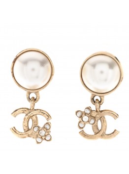 Pearl Crystal CC Flower Drop Earrings Gold Pearly White