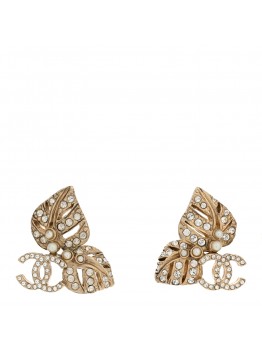 Crystal Pearl CC Leaf Earrings Gold