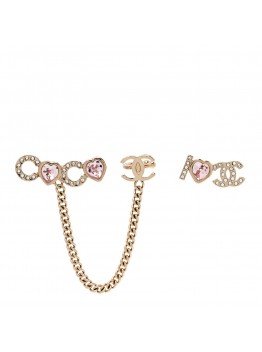 Metal Strass I Love Coco Heart Chain Climber Earrings Gold Pink