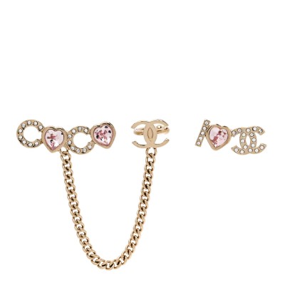 Metal Strass I Love Coco Heart Chain Climber Earrings Gold Pink