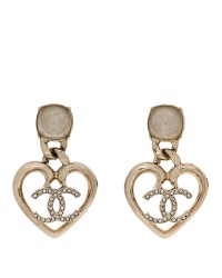 Metal Strass CC Heart Drop Earrings Gold