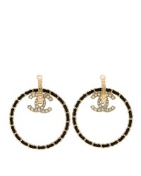 Metal Crystal Lambskin CC Chain Hoop Earrings Gold Black