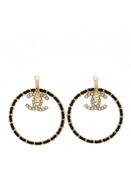 Metal Crystal Lambskin CC Chain Hoop Earrings Gold Black