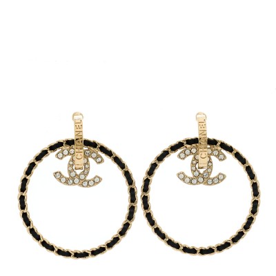 Metal Crystal Lambskin CC Chain Hoop Earrings Gold Black