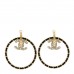 Metal Crystal Lambskin CC Chain Hoop Earrings Gold Black