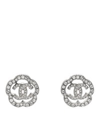 Crystal Coco Flapper Camellia CC Stud Earrings Silver