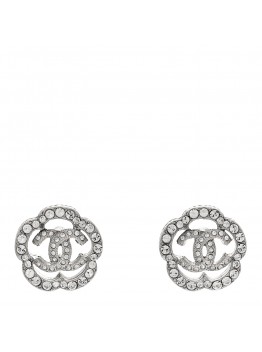 Crystal Coco Flapper Camellia CC Stud Earrings Silver