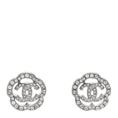 Crystal Coco Flapper Camellia CC Stud Earrings Silver