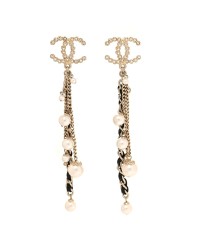 Pearl Crystal Lambskin Chain CC Dangle Earrings Gold