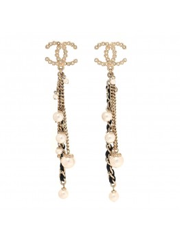 Pearl Crystal Lambskin Chain CC Dangle Earrings Gold