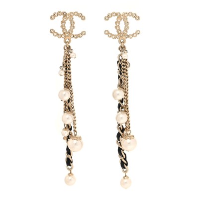 Pearl Crystal Lambskin Chain CC Dangle Earrings Gold