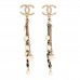 Pearl Crystal Lambskin Chain CC Dangle Earrings Gold
