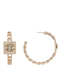 Metal Crystal CC Square Chain Hoop Earrings Gold