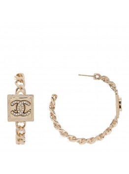 Metal Crystal CC Square Chain Hoop Earrings Gold