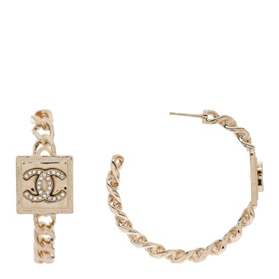 Metal Crystal CC Square Chain Hoop Earrings Gold