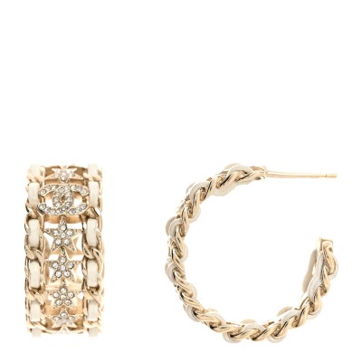 Lambskin Crystal Star Chain Hoop Earrings Gold White