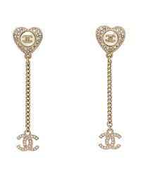 Pearl Crystal CC Heart Drop Earrings Gold White