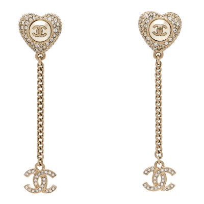 Pearl Crystal CC Heart Drop Earrings Gold White