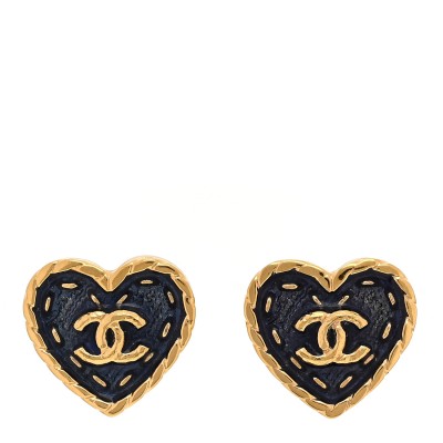 Metal Enamel CC Denim Heart Earrings Gold Blue