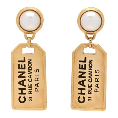 Pearl CC Tags Drop Earrings Gold