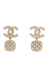 Pearl Baguette Crystal CC Drop Earrings Gold