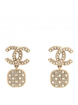 Pearl Baguette Crystal CC Drop Earrings Gold