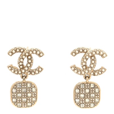 Pearl Baguette Crystal CC Drop Earrings Gold