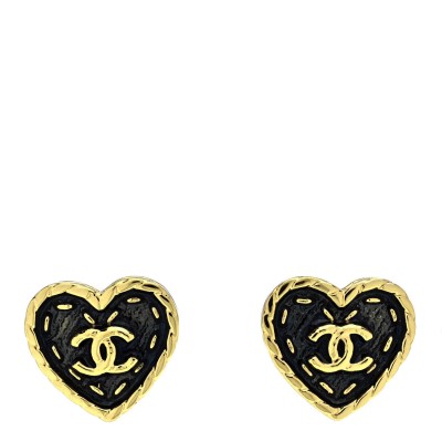 Metal Enamel CC Denim Heart Earrings Gold Blue