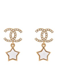 Metal Crystal Pearl CC Star Earrings Gold Pearly White