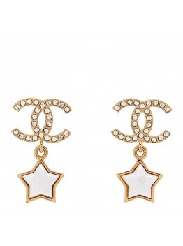 Metal Crystal Pearl CC Star Earrings Gold Pearly White