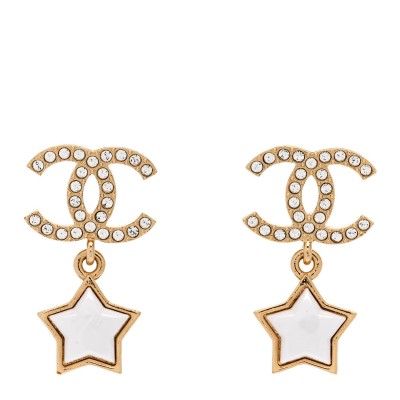 Metal Crystal Pearl CC Star Earrings Gold Pearly White