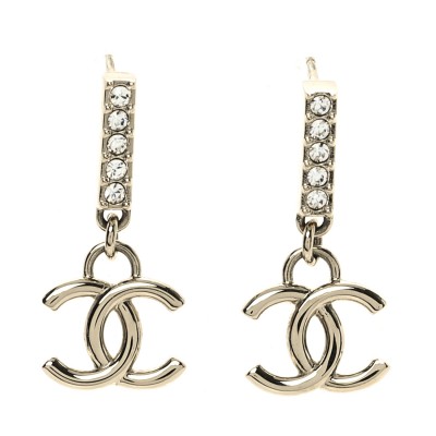 Metal Crystal Studded CC Drop Earrings Gold