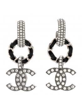 Ruthenium Lambskin Crystal CC Dangle Earrings Silver Black