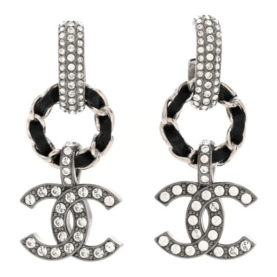 Ruthenium Lambskin Crystal CC Dangle Earrings Silver Black