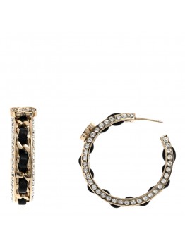 Crystal Lambskin CC Chain Hoop Earrings Gold Black