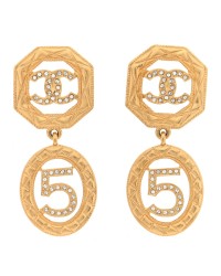 Metal Crystal Quilted CC No 5 Drop Earrings Gold